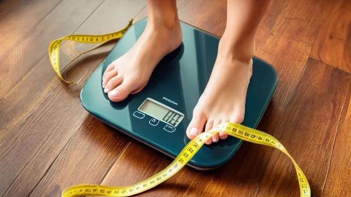 Pés sobre uma balança digital ao lado de uma fita métrica